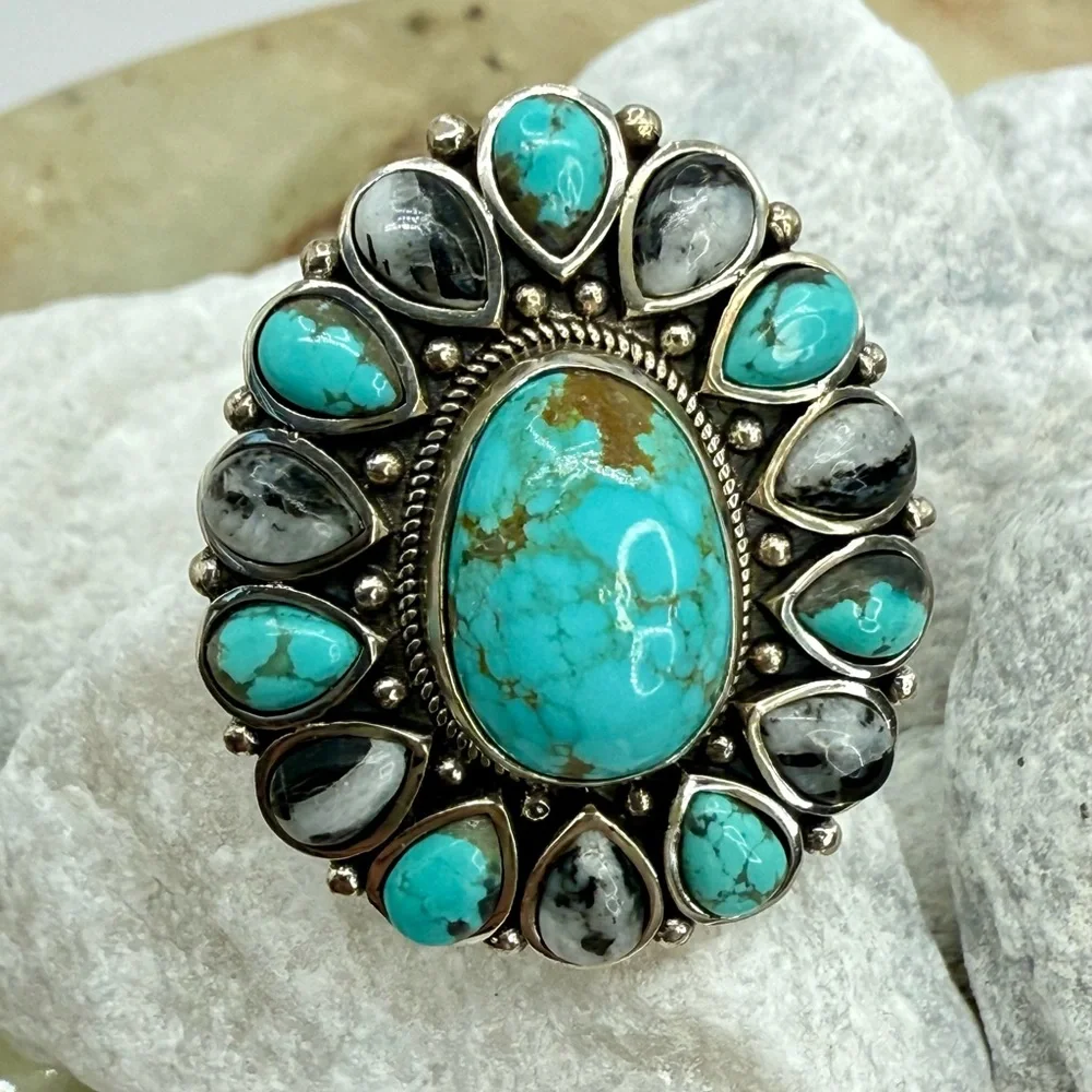NWT Sierra Nevada Turquoise & White Buffalo Halo Ring 12.90ctw Sterling Silver 8